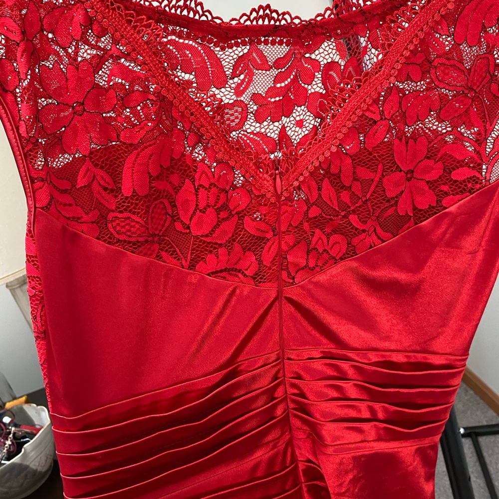 Red satin evening gown